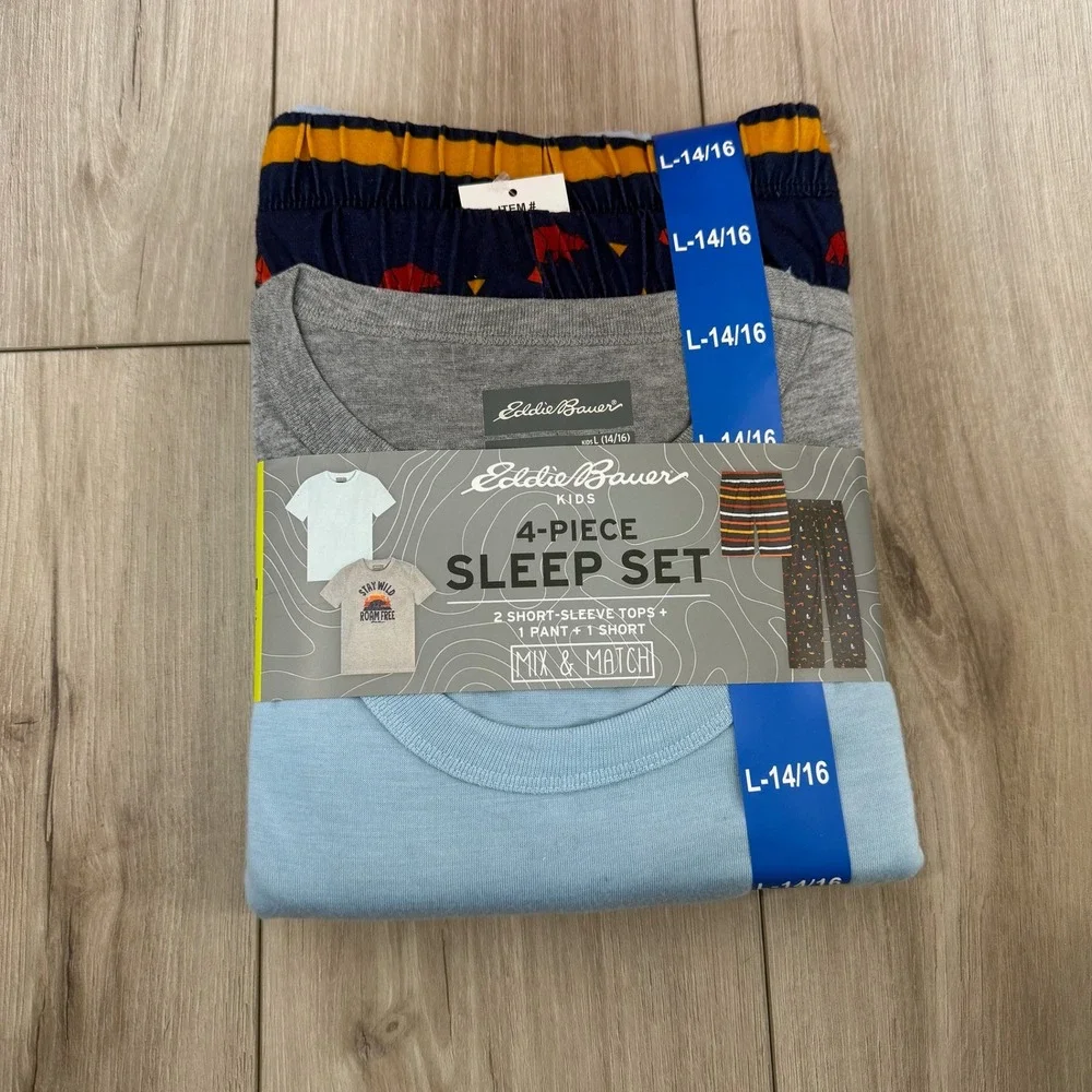 Eddie Bauer Kids 4 Piece Sleep Set Pajamas Grey Blue Bear Size L 14/16